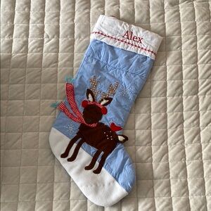 Pottery Barn Blue Christmas Stocking with Reindeer